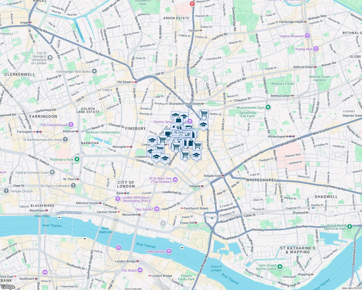 map of restaurants, bars, coffee shops, grocery stores, and more near Bishopsgate in Greater London