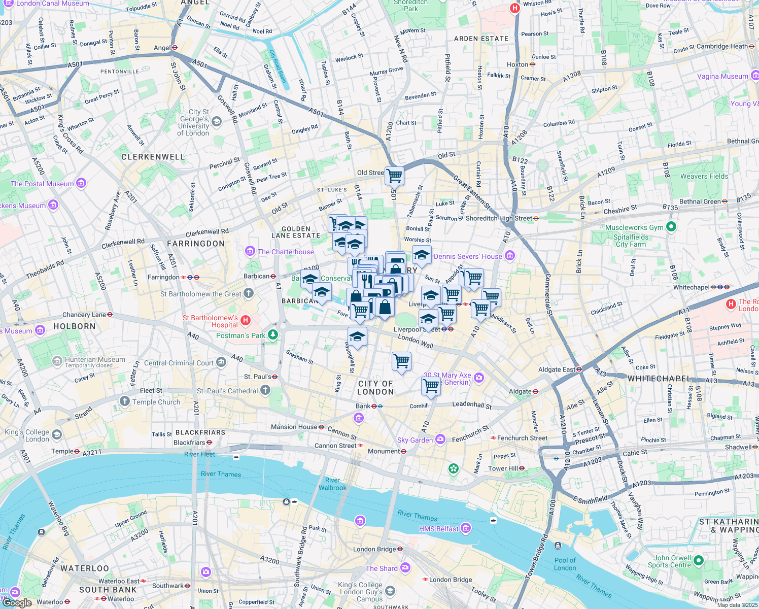 map of restaurants, bars, coffee shops, grocery stores, and more near 45 Moorfields in Greater London