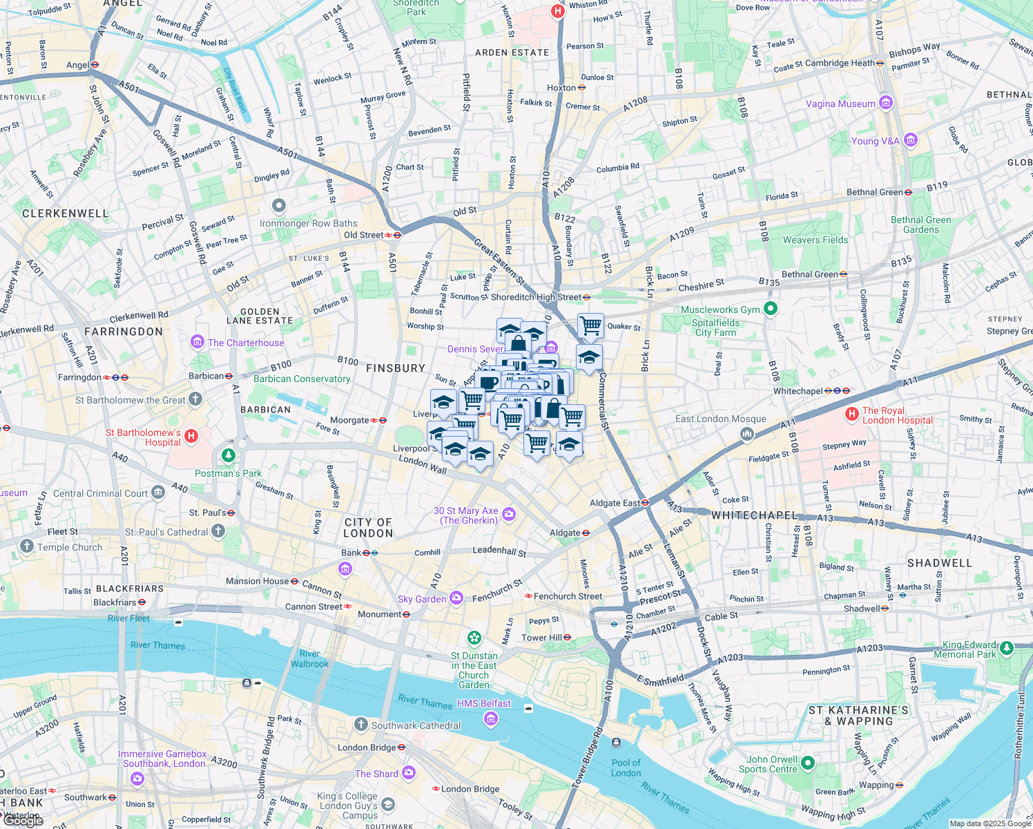 map of restaurants, bars, coffee shops, grocery stores, and more near 155 Bishopsgate in Greater London