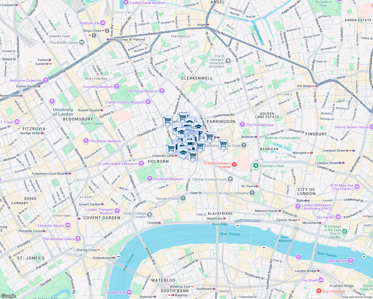 map of restaurants, bars, coffee shops, grocery stores, and more near 138-142 Holborn in Greater London