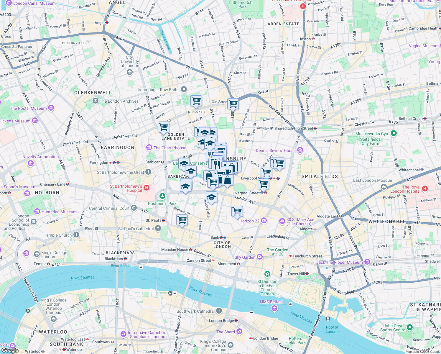 map of restaurants, bars, coffee shops, grocery stores, and more near 45 Moorfields in Greater London