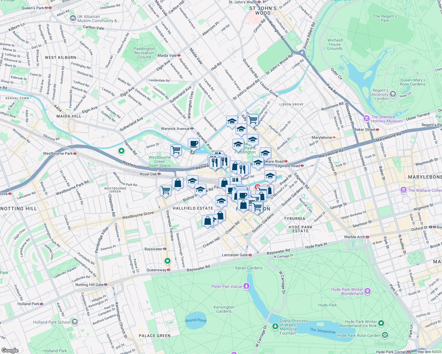 map of restaurants, bars, coffee shops, grocery stores, and more near in London