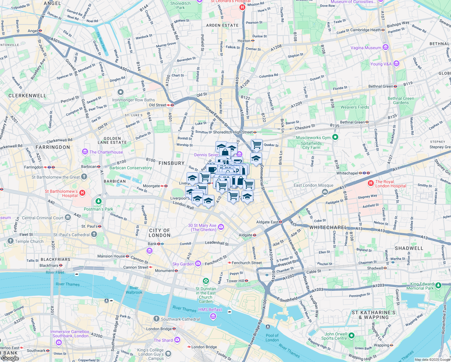 map of restaurants, bars, coffee shops, grocery stores, and more near 155 Bishopsgate in Greater London