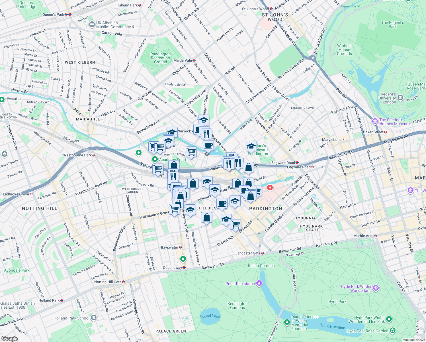 map of restaurants, bars, coffee shops, grocery stores, and more near 4 Kingdom Street in Greater London