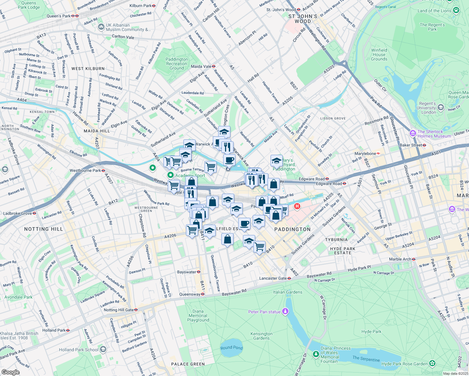 map of restaurants, bars, coffee shops, grocery stores, and more near 4 Kingdom Street in Greater London