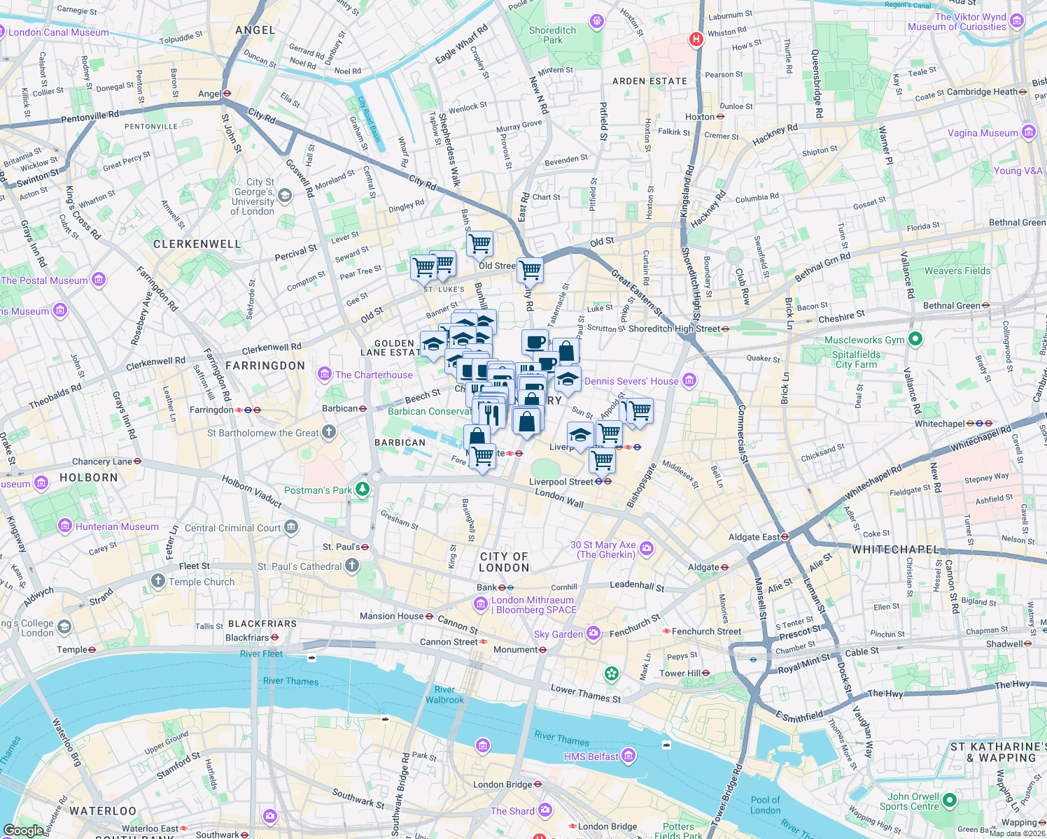 map of restaurants, bars, coffee shops, grocery stores, and more near in Greater London
