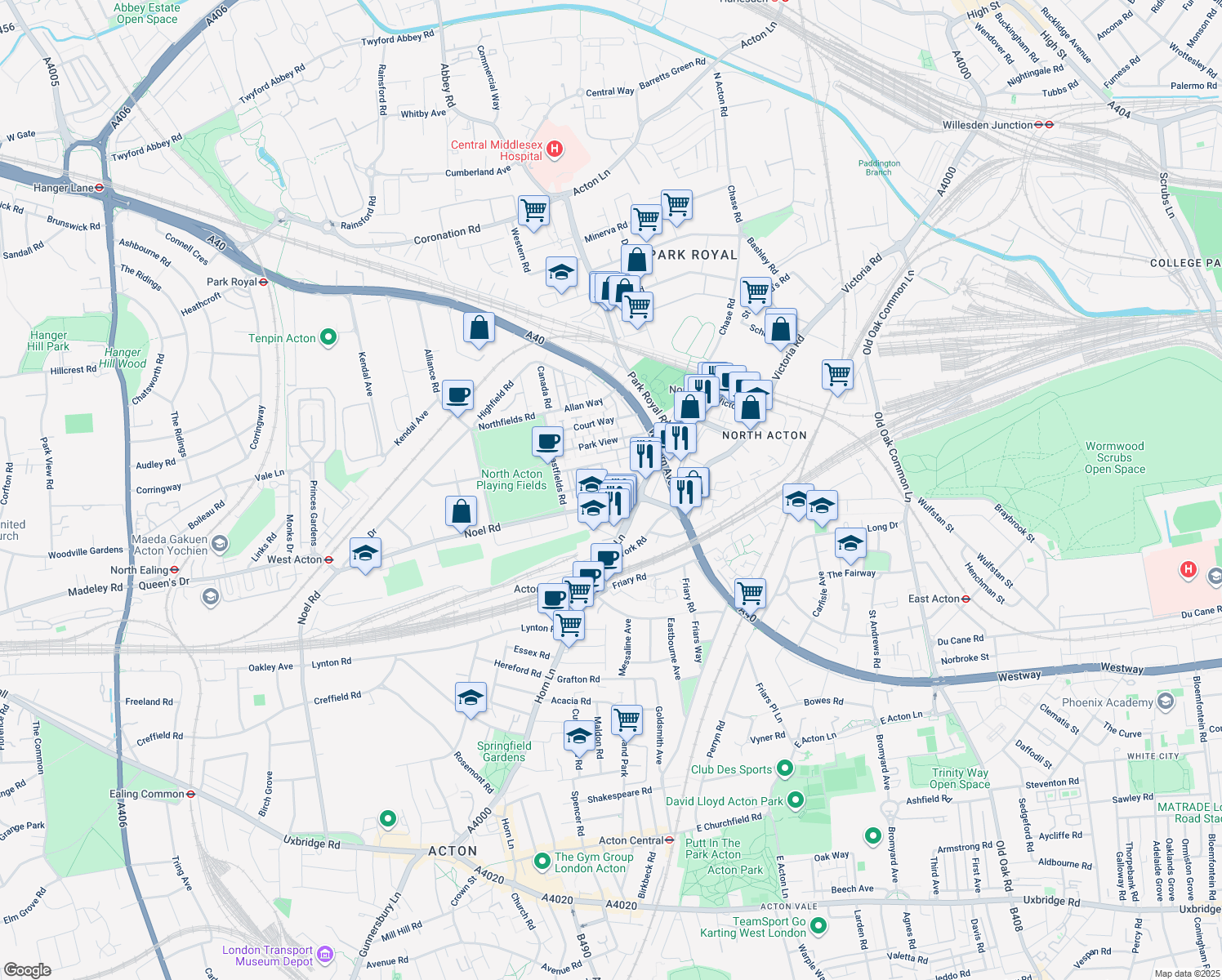 map of restaurants, bars, coffee shops, grocery stores, and more near Balfour Road in Greater London