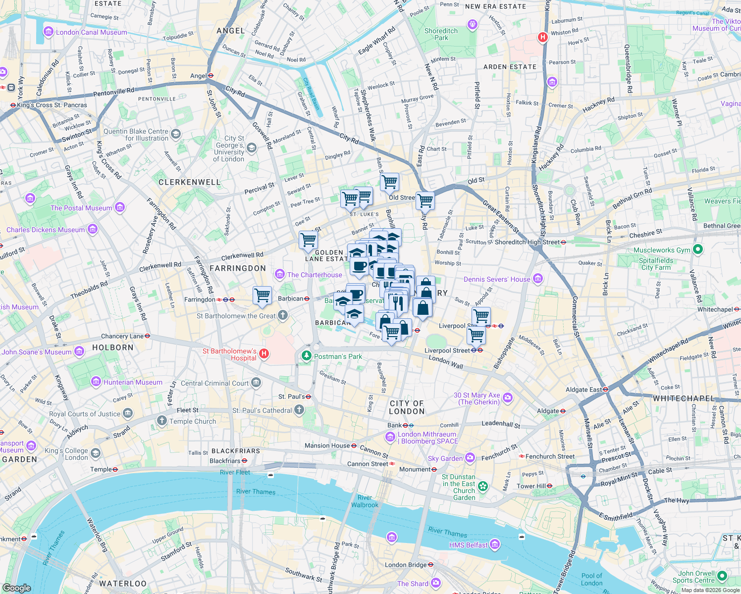 map of restaurants, bars, coffee shops, grocery stores, and more near in Greater London
