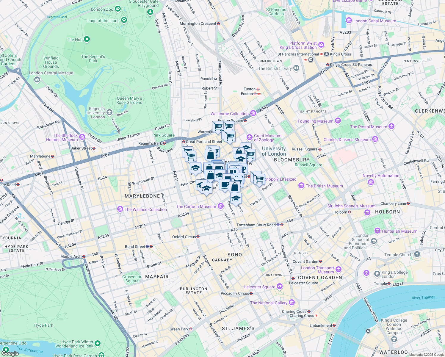 map of restaurants, bars, coffee shops, grocery stores, and more near 44 Cleveland Street in Greater London