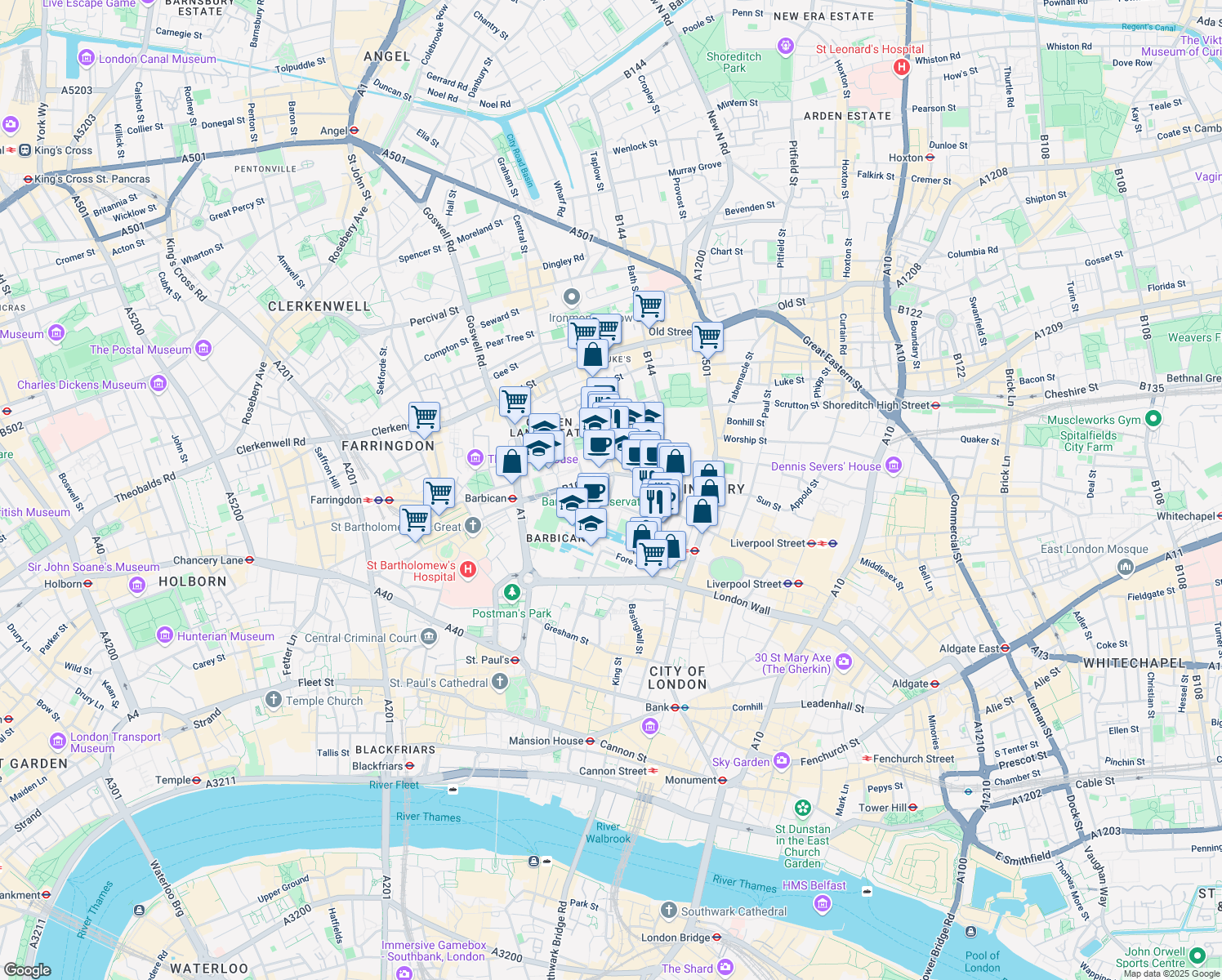 map of restaurants, bars, coffee shops, grocery stores, and more near 13 Silk St in London
