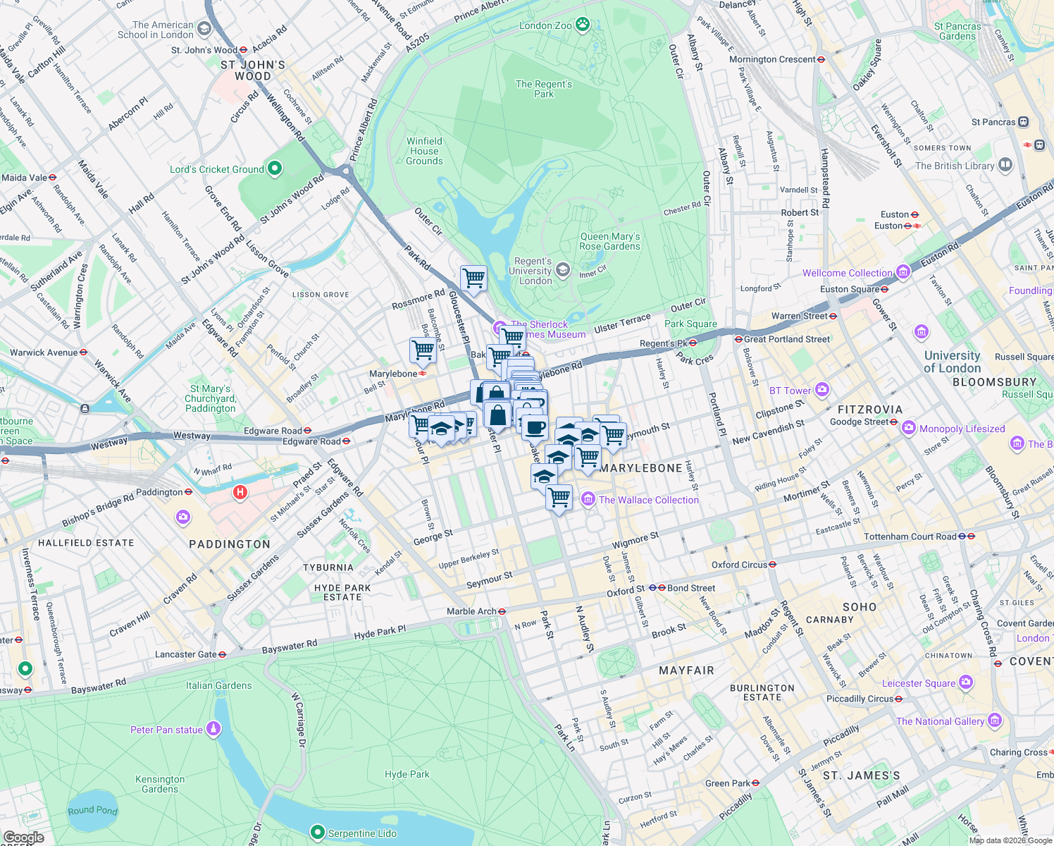 map of restaurants, bars, coffee shops, grocery stores, and more near Baker Street in Greater London