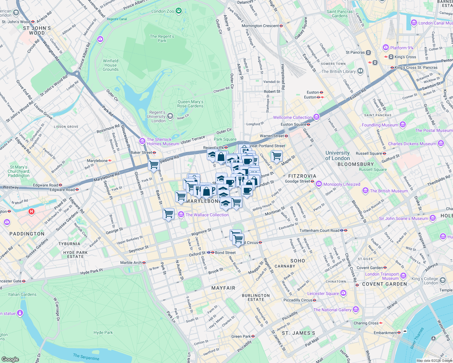 map of restaurants, bars, coffee shops, grocery stores, and more near 29 Weymouth Street in Greater London