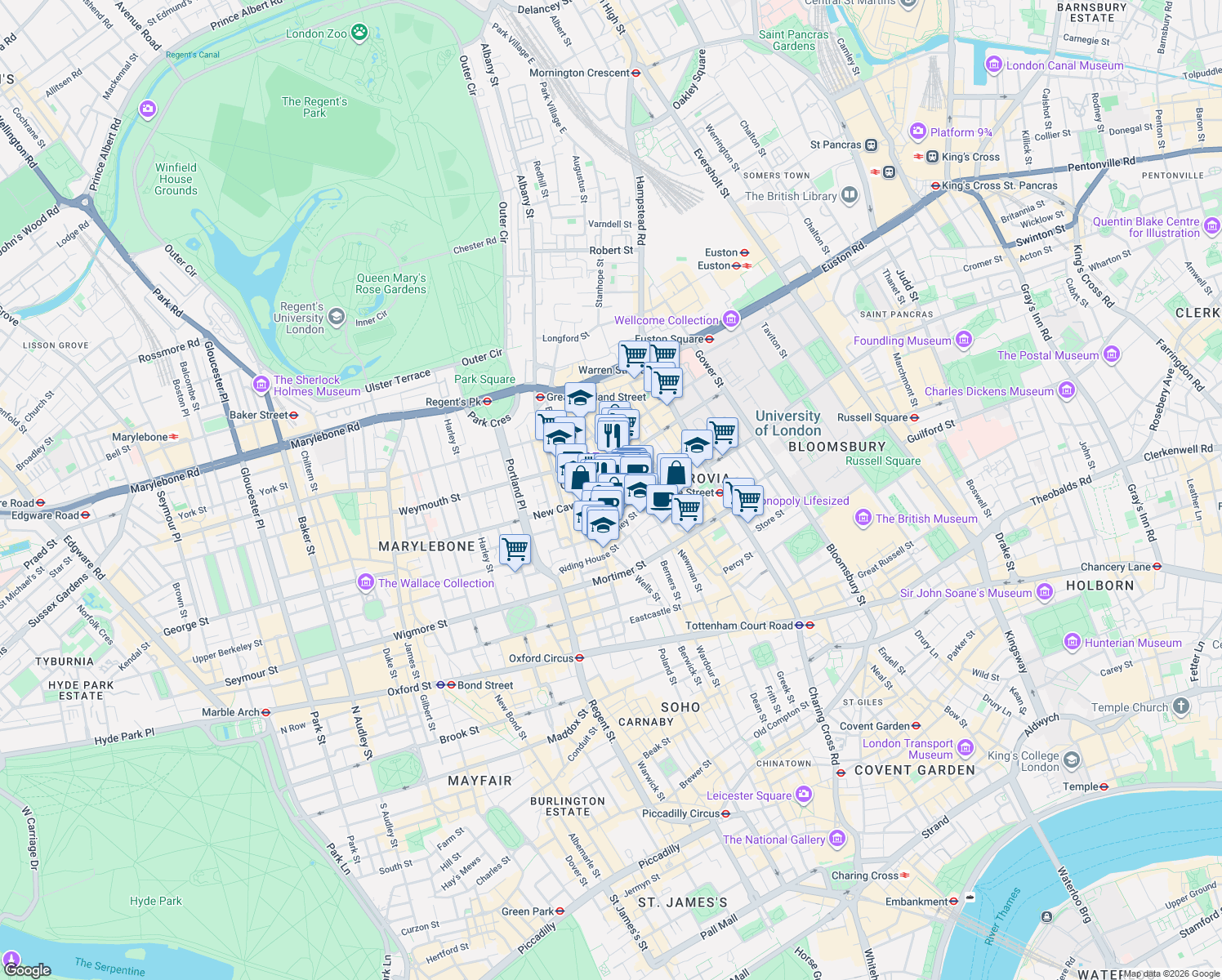 map of restaurants, bars, coffee shops, grocery stores, and more near 115 New Cavendish Street in Greater London
