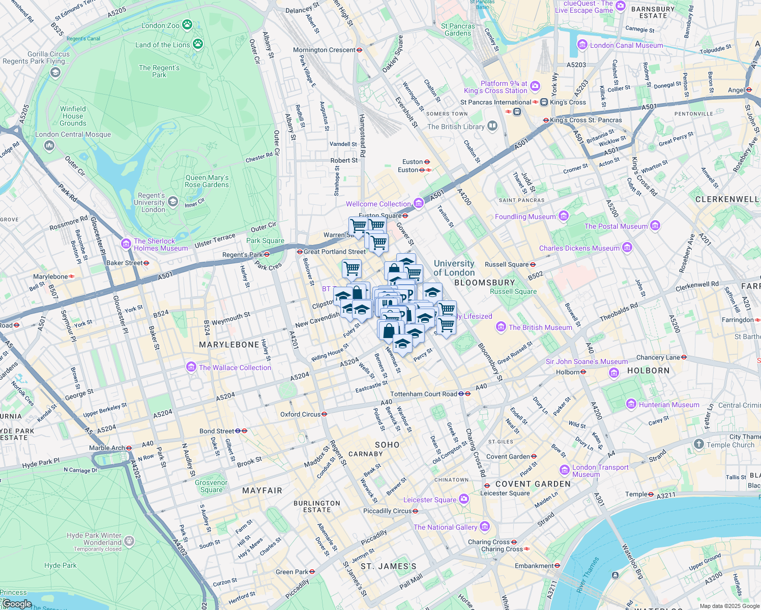 map of restaurants, bars, coffee shops, grocery stores, and more near 80 Charlotte Street in Greater London