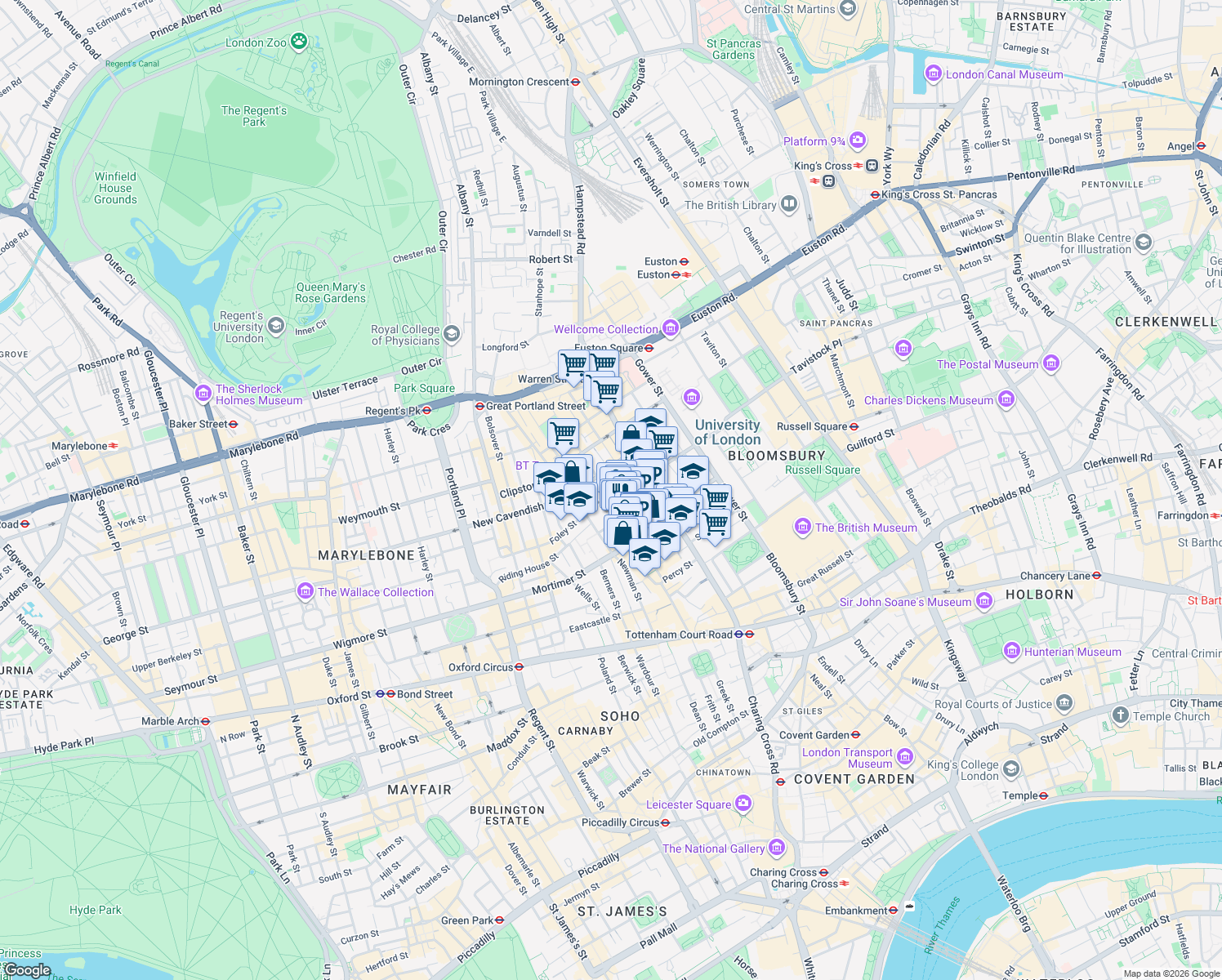 map of restaurants, bars, coffee shops, grocery stores, and more near 80 Charlotte Street in Greater London