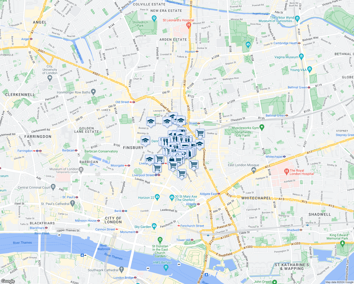 map of restaurants, bars, coffee shops, grocery stores, and more near 201 Bishopsgate in Greater London