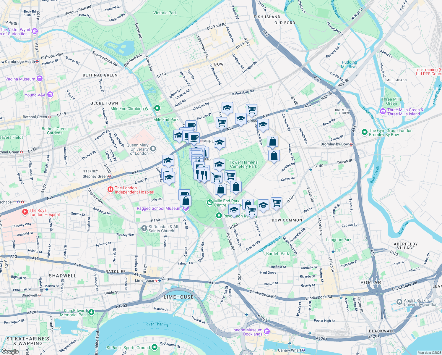 map of restaurants, bars, coffee shops, grocery stores, and more near Ropery Street in Greater London