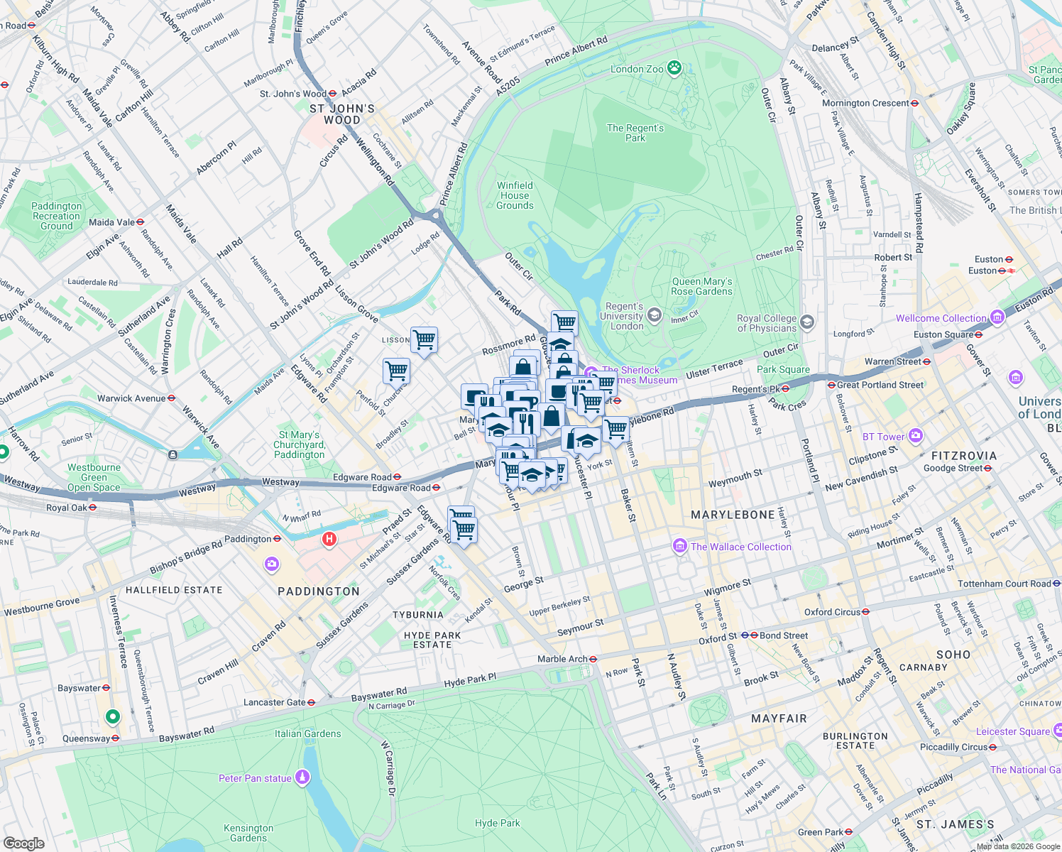 map of restaurants, bars, coffee shops, grocery stores, and more near in Greater London