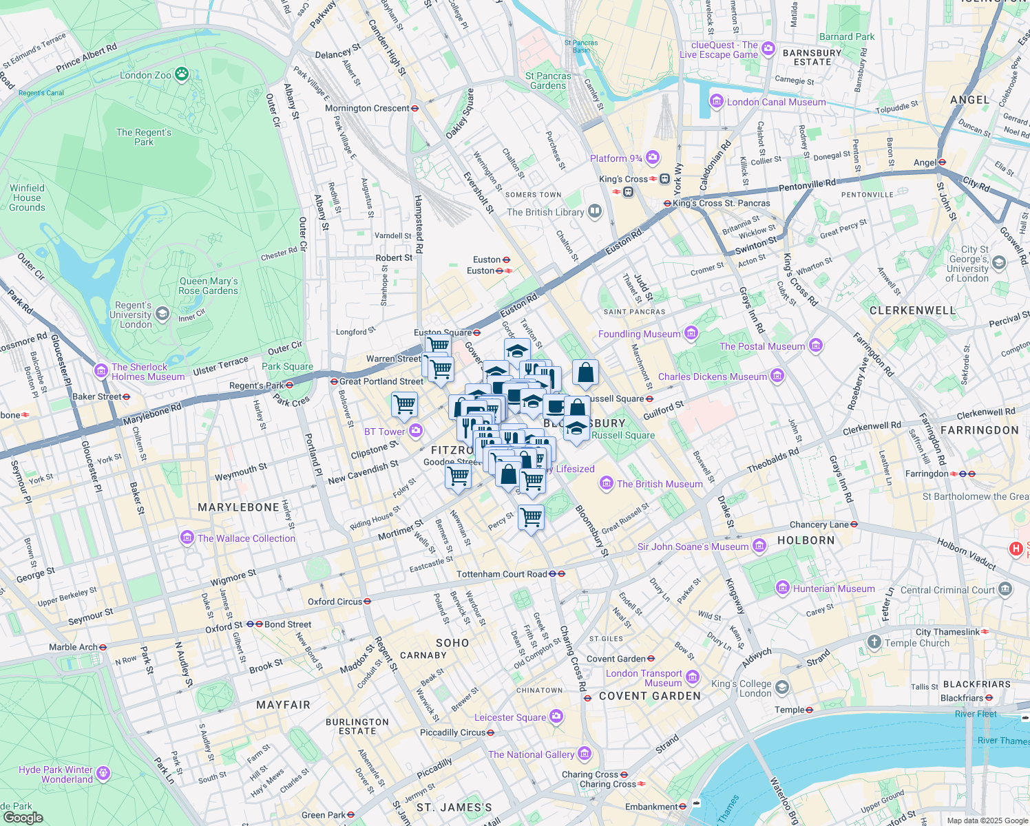 map of restaurants, bars, coffee shops, grocery stores, and more near Gower Street in Greater London