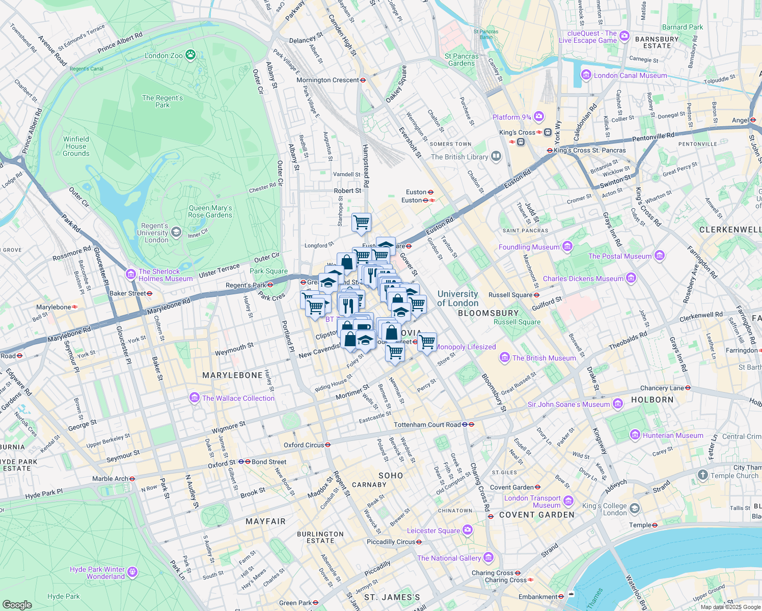 map of restaurants, bars, coffee shops, grocery stores, and more near 90 Whitfield Street in Greater London