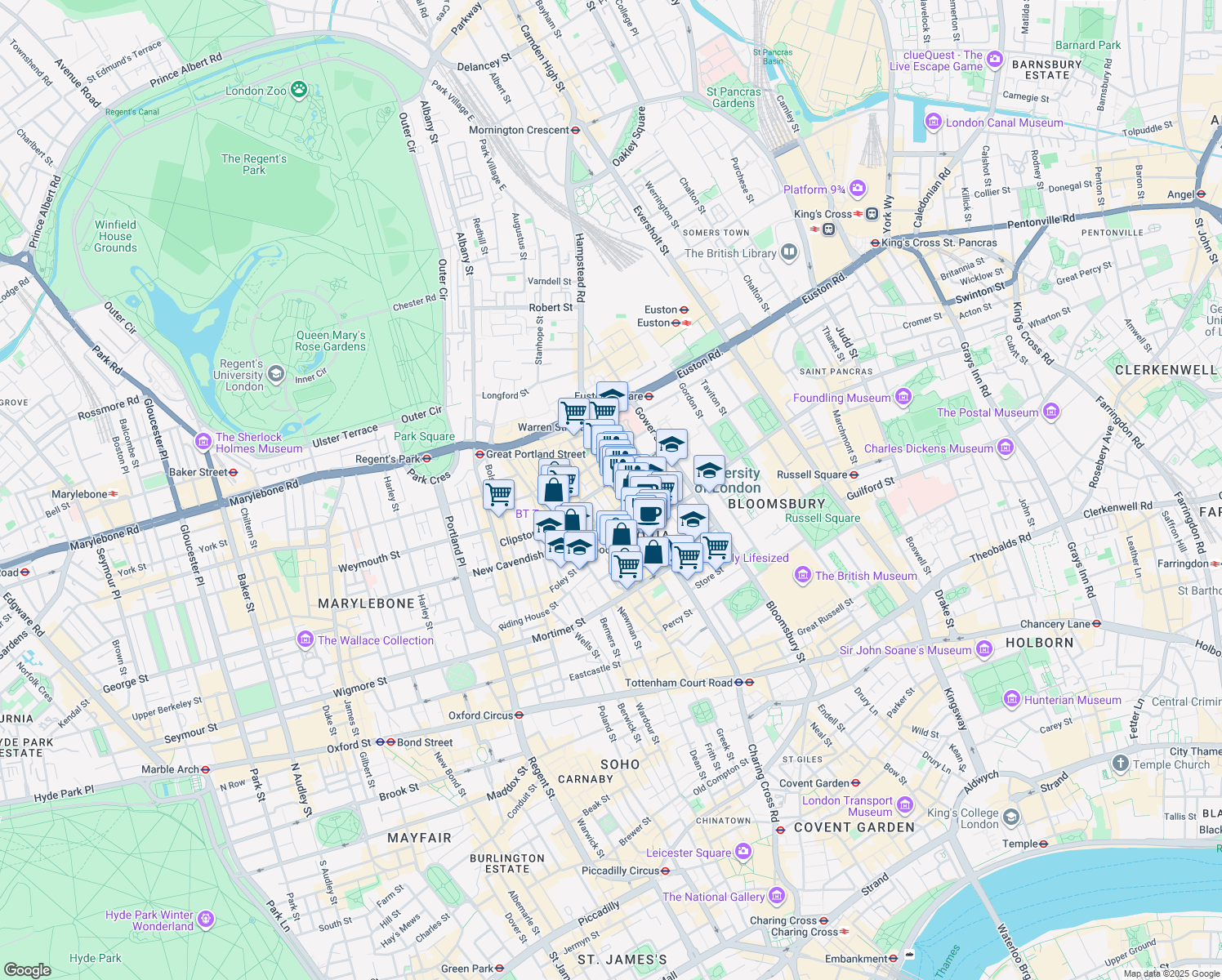 map of restaurants, bars, coffee shops, grocery stores, and more near 90 Whitfield Street in Greater London