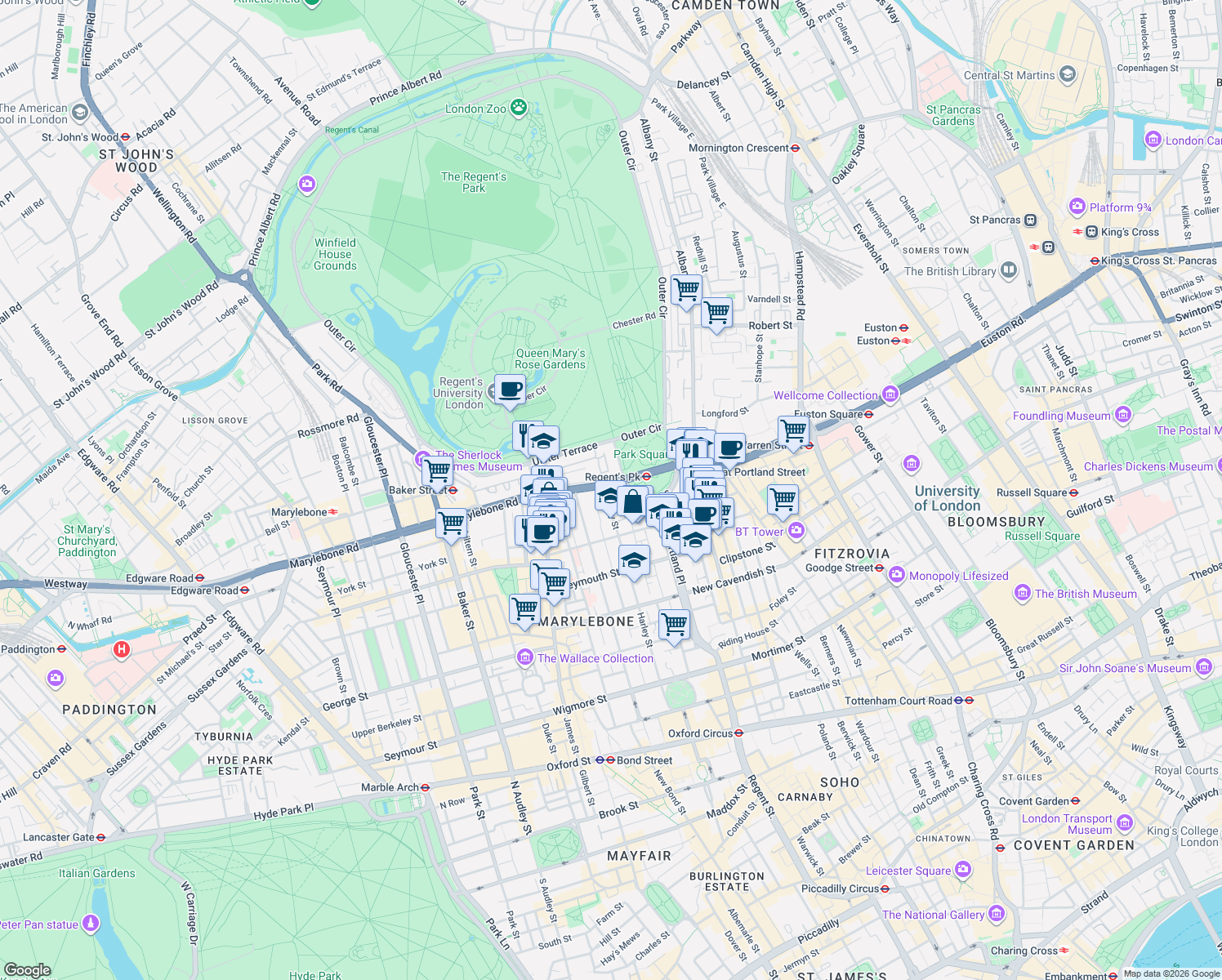 map of restaurants, bars, coffee shops, grocery stores, and more near 152 Harley Street in Greater London