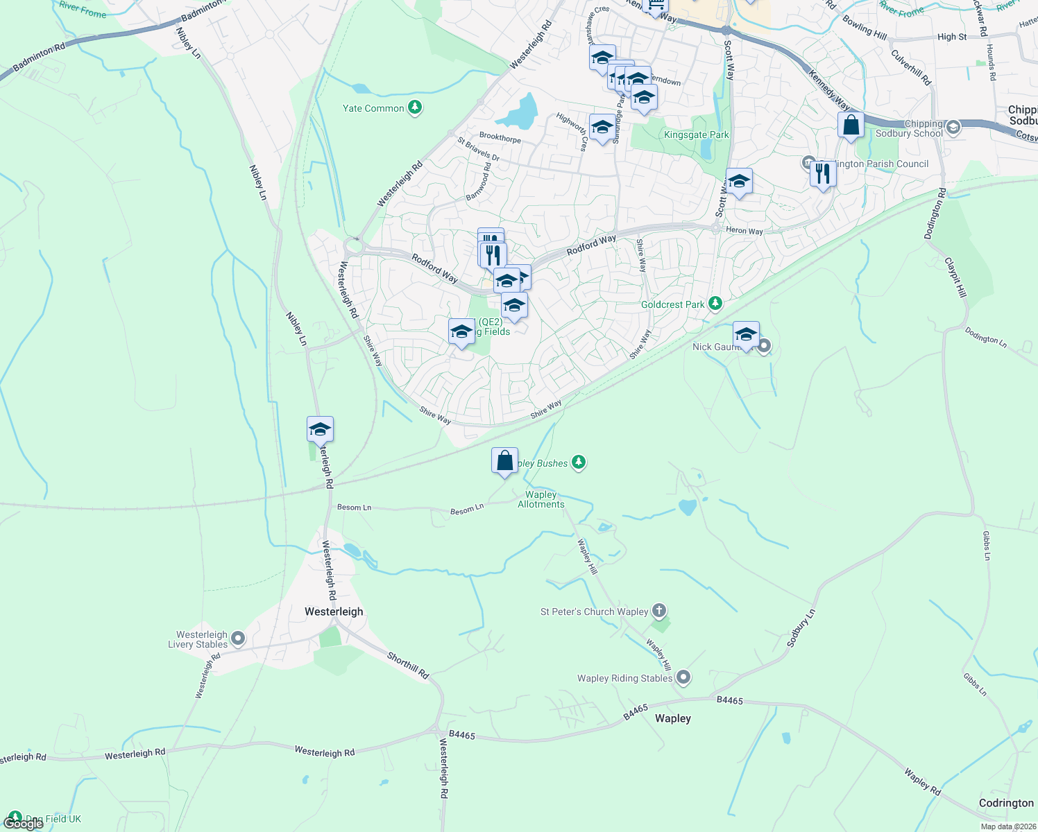 map of restaurants, bars, coffee shops, grocery stores, and more near Kingscote in Yate