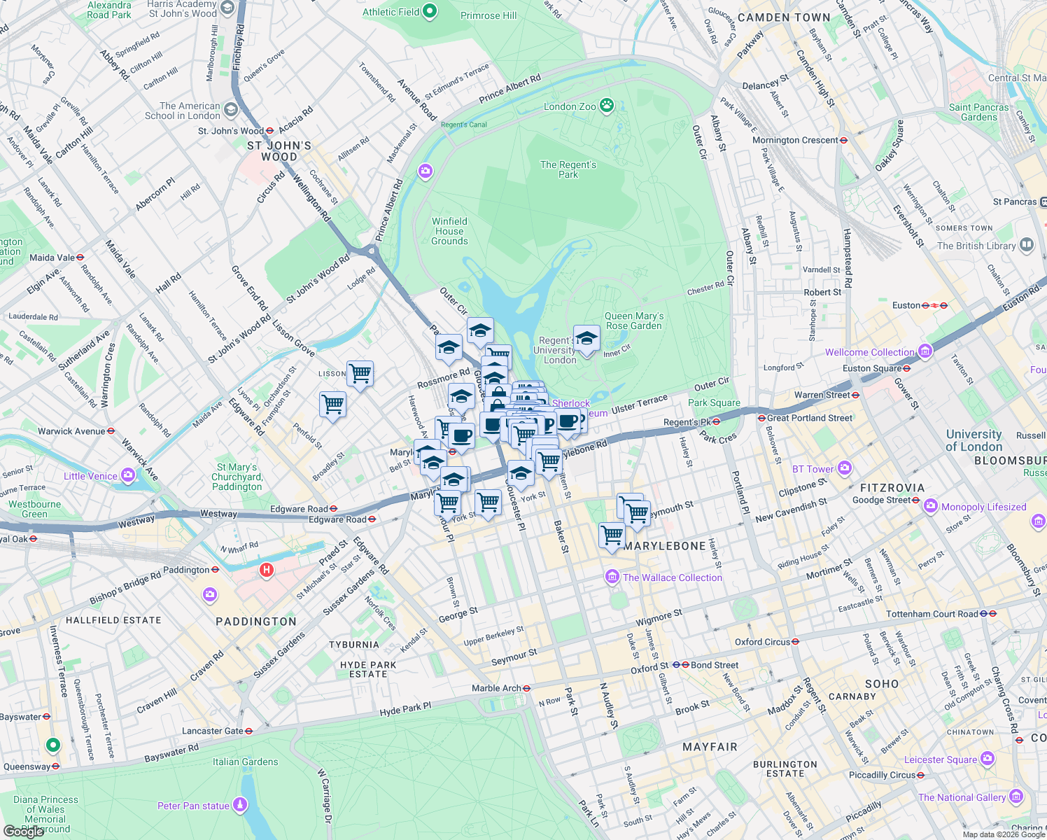 map of restaurants, bars, coffee shops, grocery stores, and more near Baker Street in Greater London