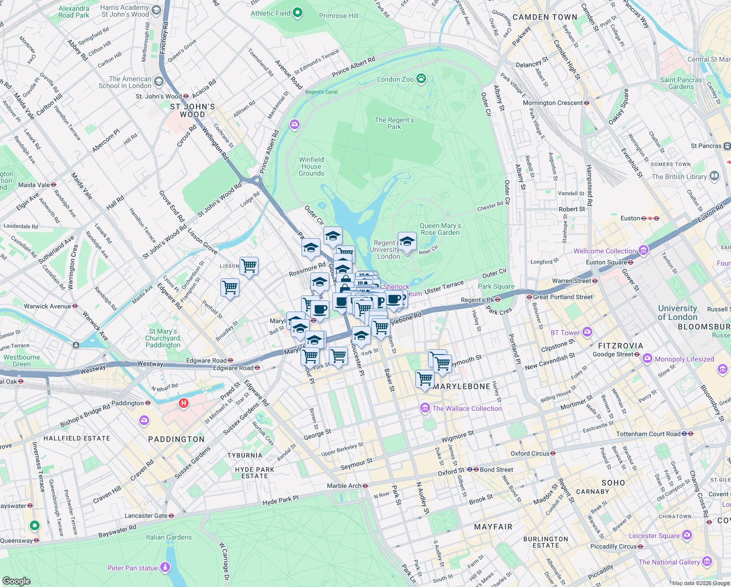 map of restaurants, bars, coffee shops, grocery stores, and more near 346 Baker Street in Greater London