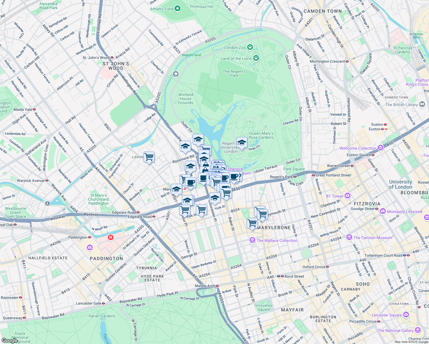 map of restaurants, bars, coffee shops, grocery stores, and more near in Greater London