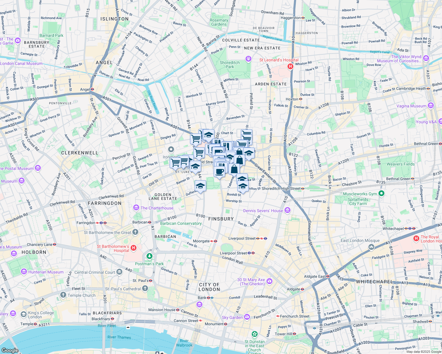 map of restaurants, bars, coffee shops, grocery stores, and more near 58 City Road in Greater London