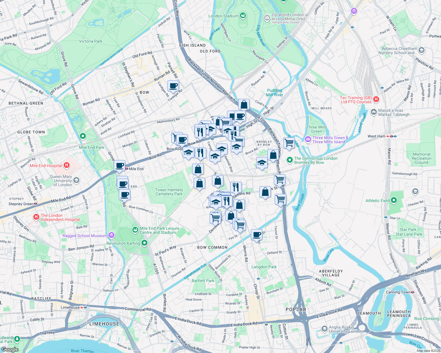 map of restaurants, bars, coffee shops, grocery stores, and more near in Greater London