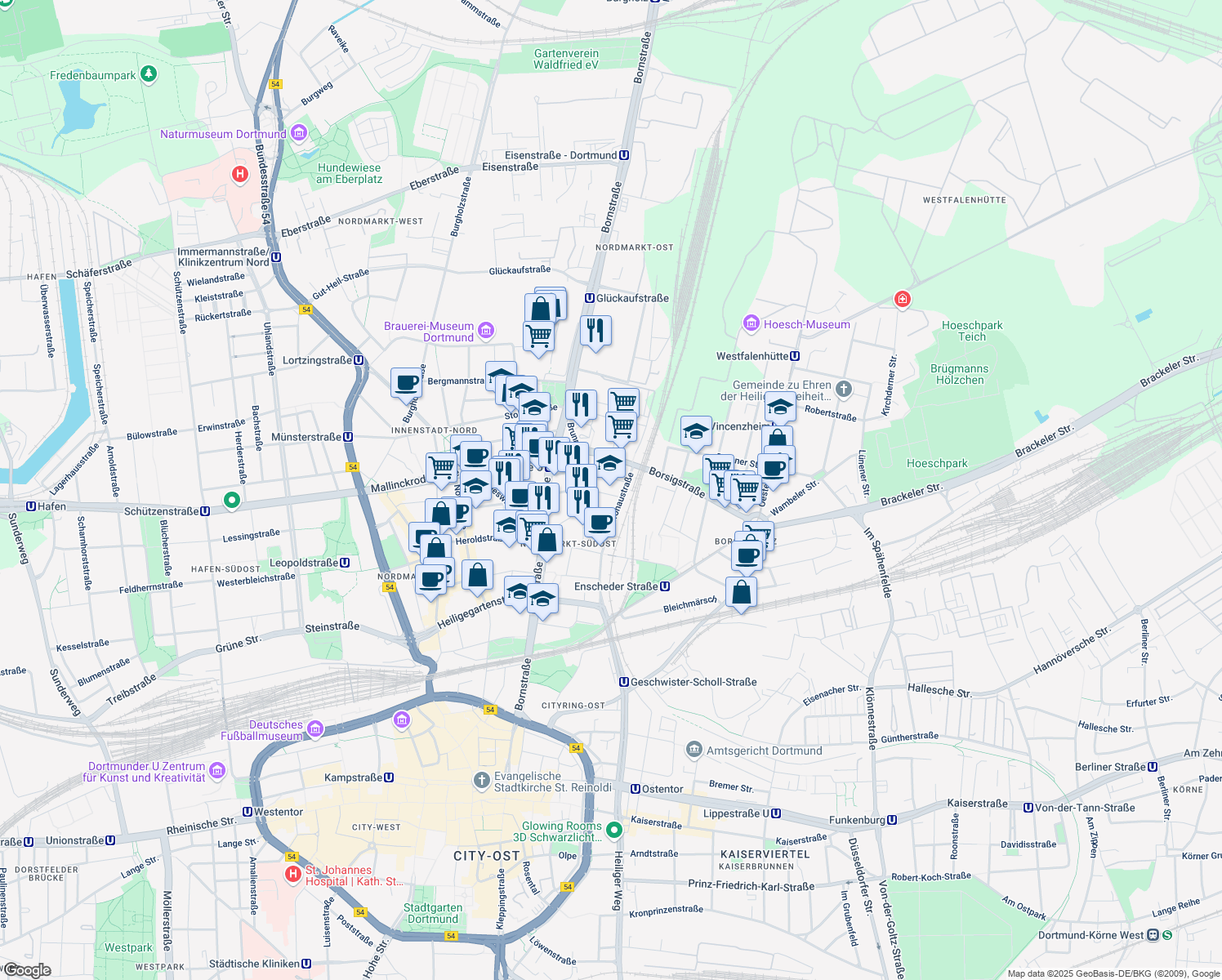 map of restaurants, bars, coffee shops, grocery stores, and more near 78 Missundestraße in Dortmund