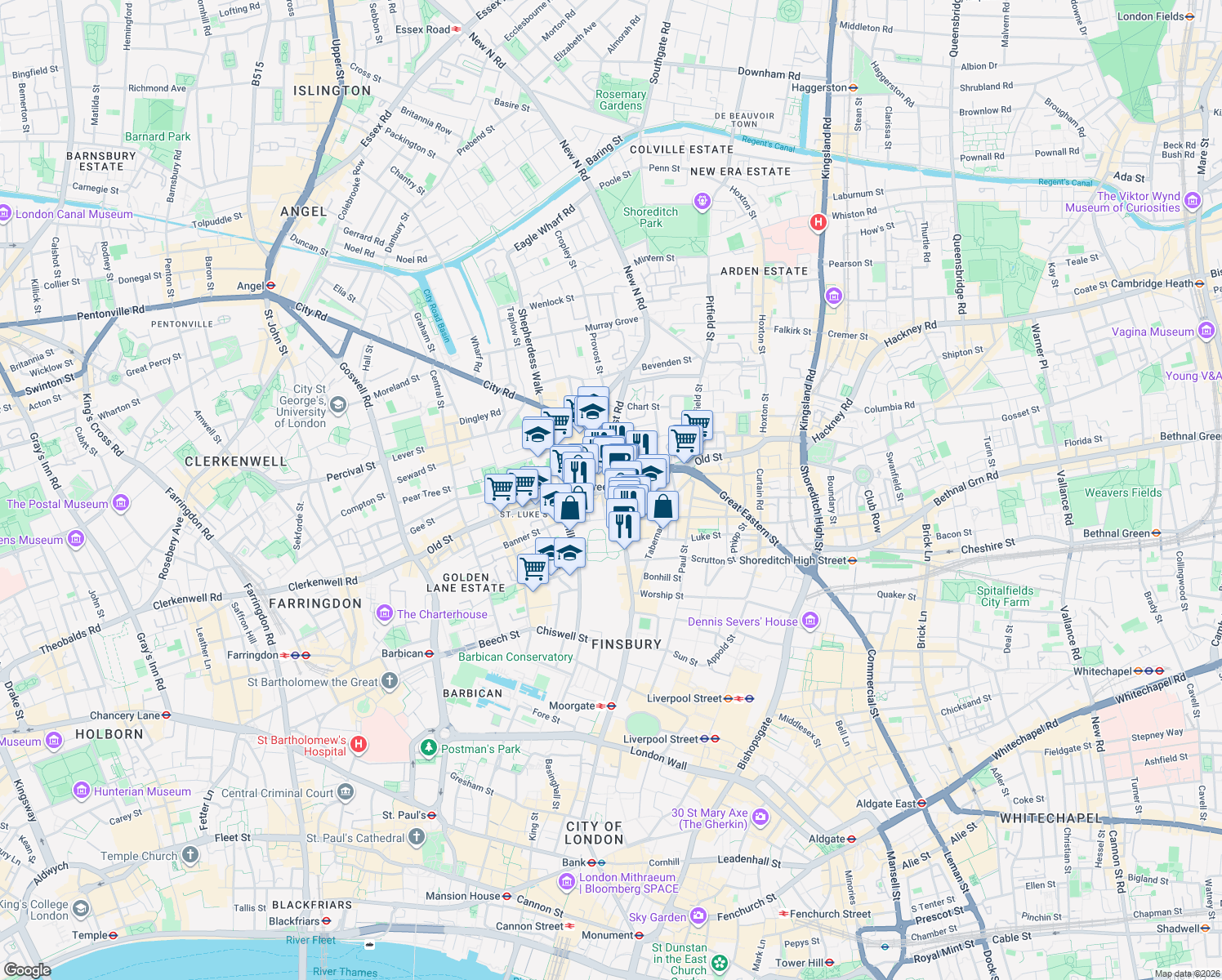 map of restaurants, bars, coffee shops, grocery stores, and more near Old Street in Greater London