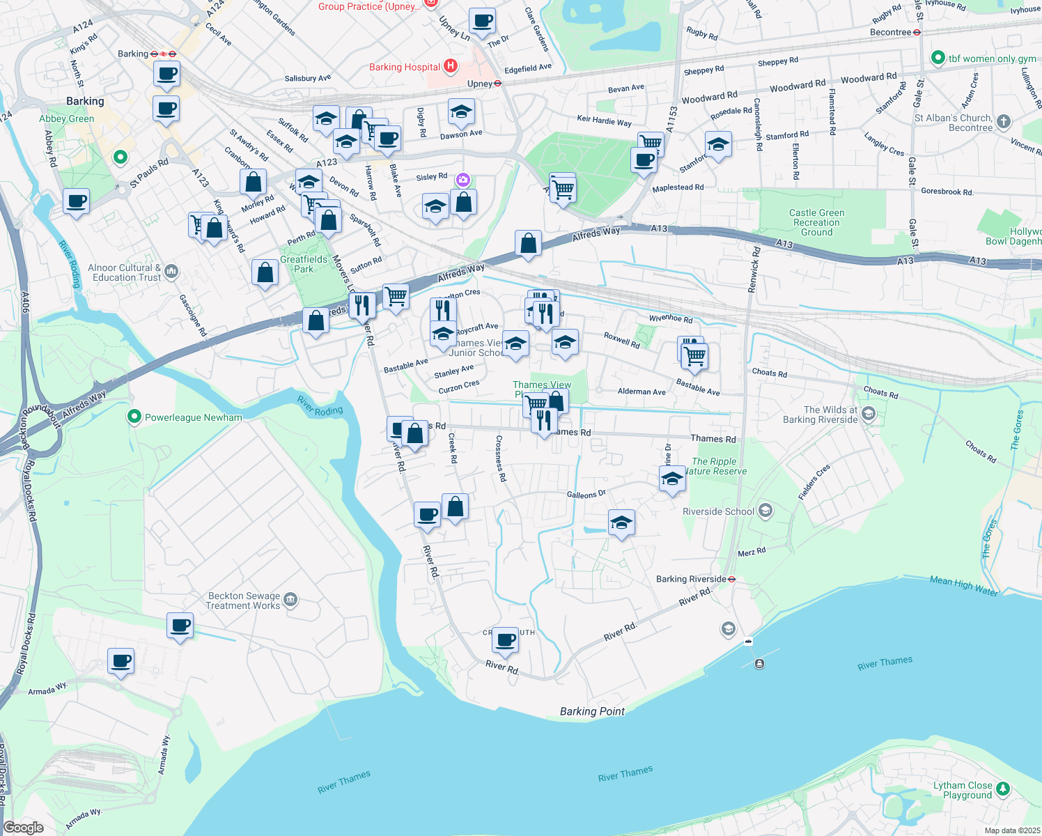 map of restaurants, bars, coffee shops, grocery stores, and more near 23 Thames Road in Greater London