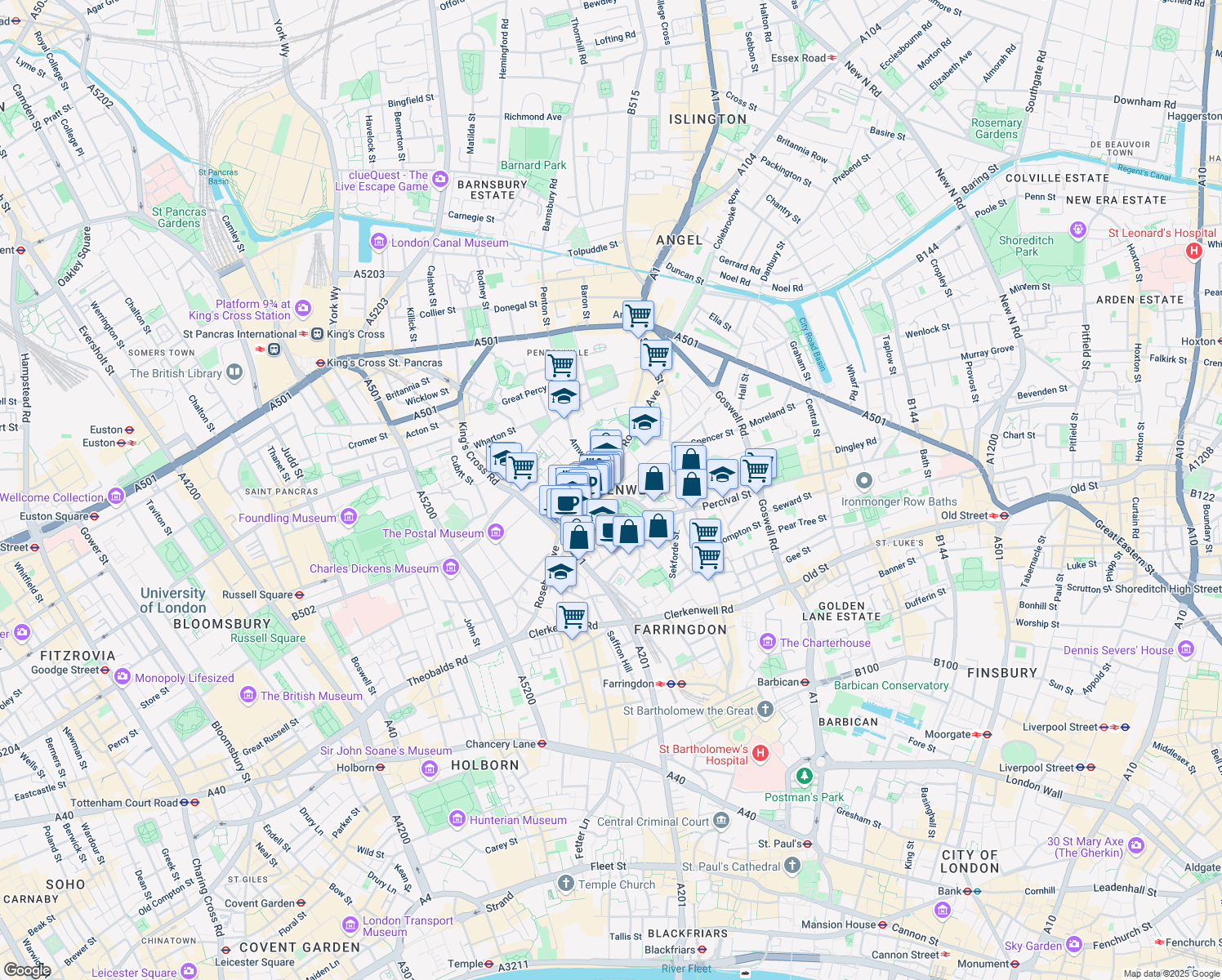 map of restaurants, bars, coffee shops, grocery stores, and more near in Greater London