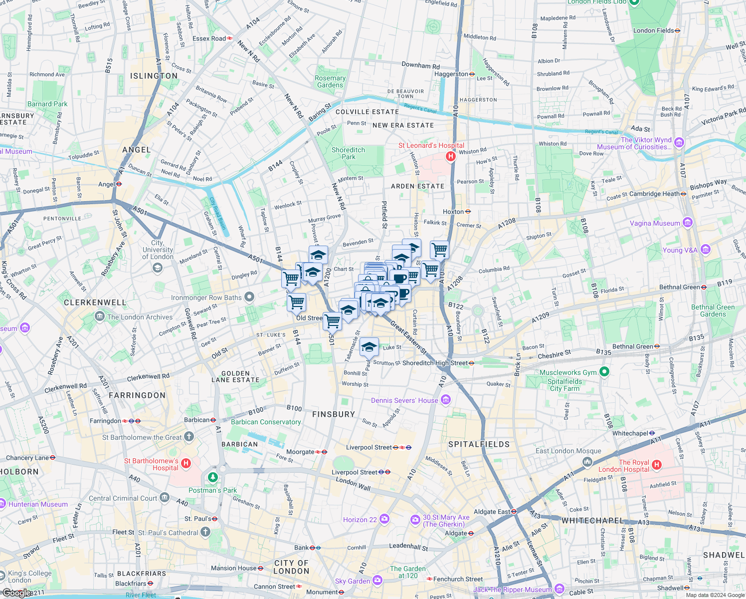 map of restaurants, bars, coffee shops, grocery stores, and more near 245 Old Street in Greater London
