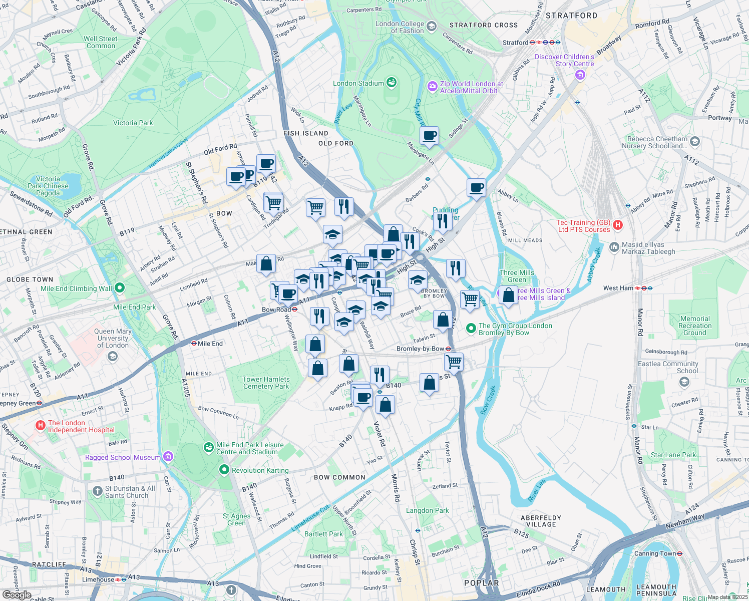 map of restaurants, bars, coffee shops, grocery stores, and more near Stroudley Walk in Greater London