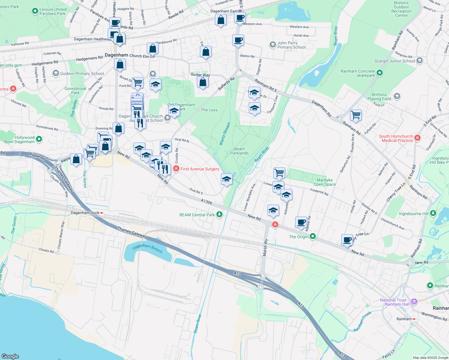map of restaurants, bars, coffee shops, grocery stores, and more near 238 Oval Road North in Greater London