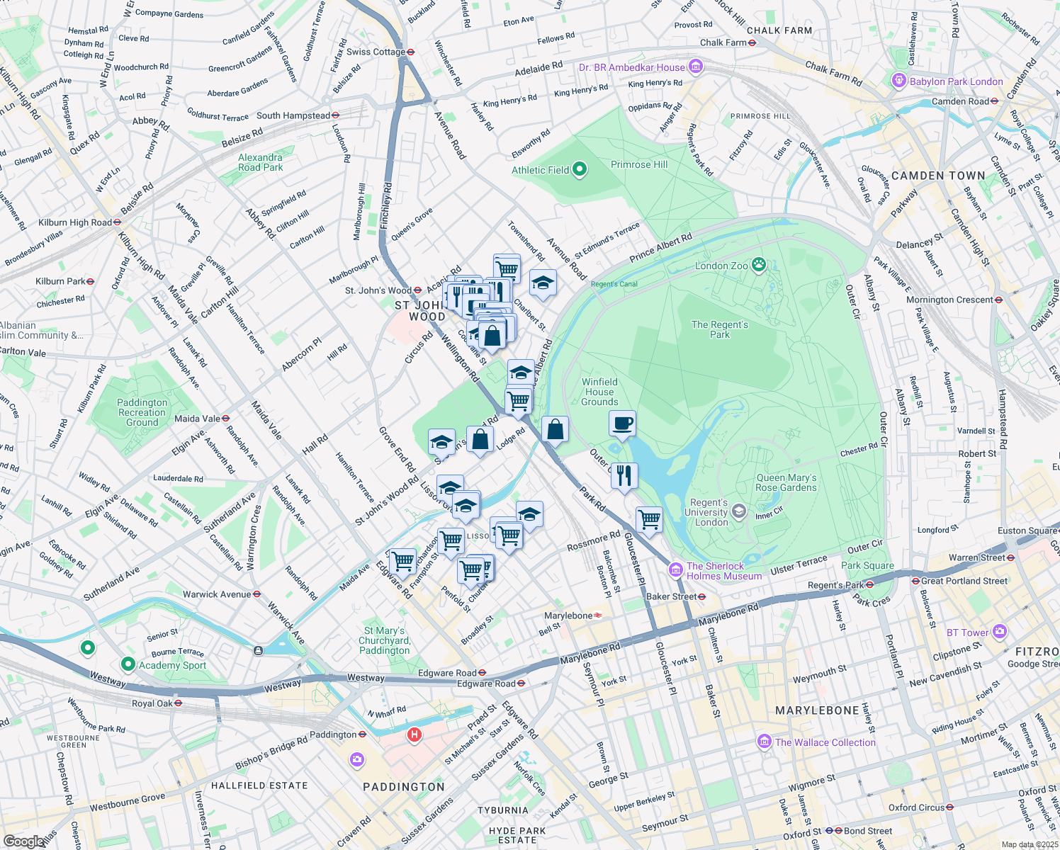 map of restaurants, bars, coffee shops, grocery stores, and more near Park Road in Greater London