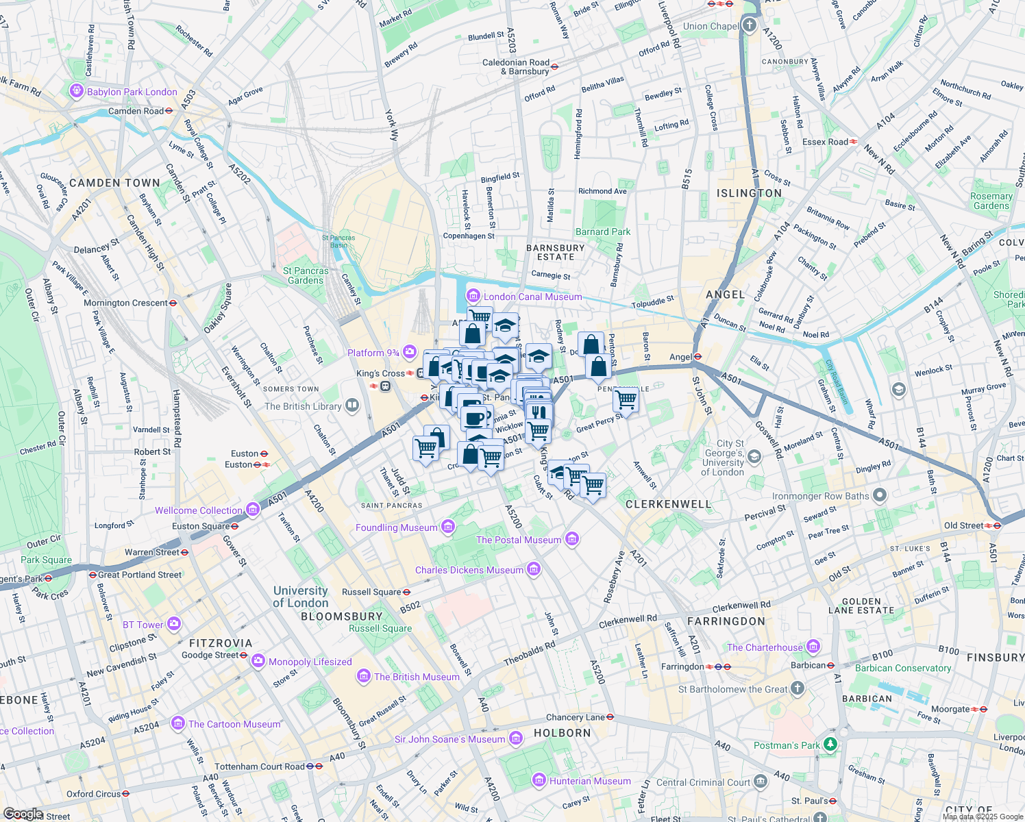 map of restaurants, bars, coffee shops, grocery stores, and more near 4 Britannia Street in Greater London