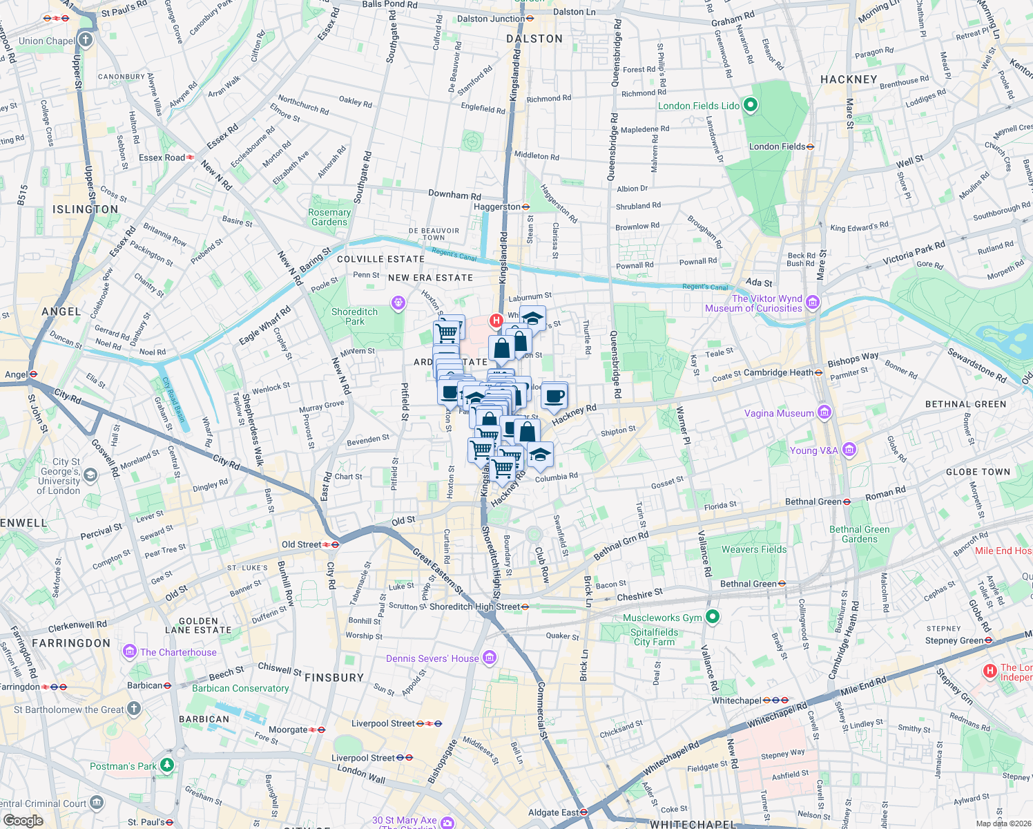 map of restaurants, bars, coffee shops, grocery stores, and more near 134D Kingsland Road in Greater London