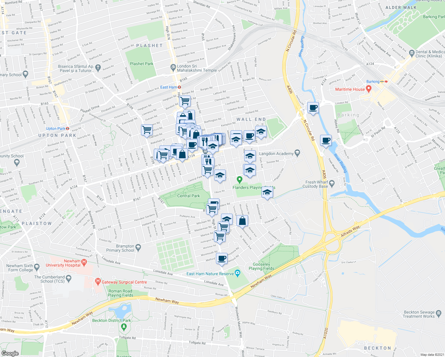 map of restaurants, bars, coffee shops, grocery stores, and more near 32 Market Street in Greater London