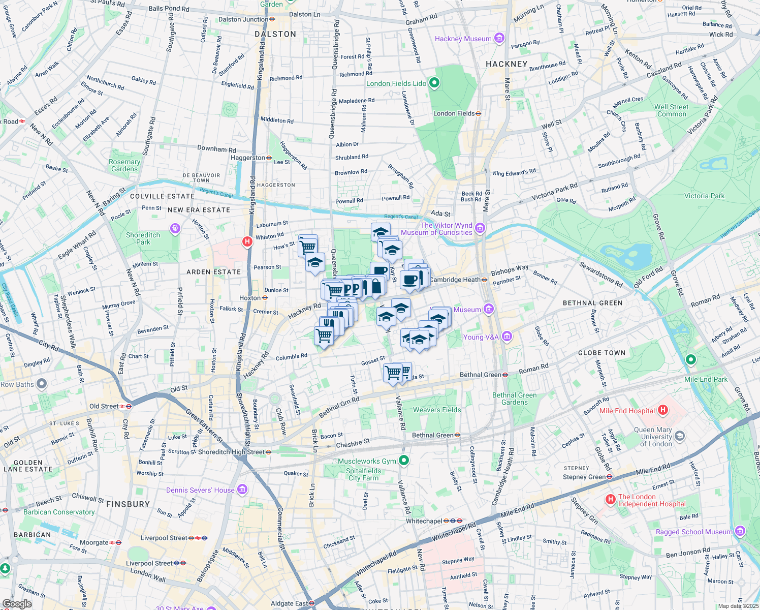 map of restaurants, bars, coffee shops, grocery stores, and more near 4 Warner Place in Greater London