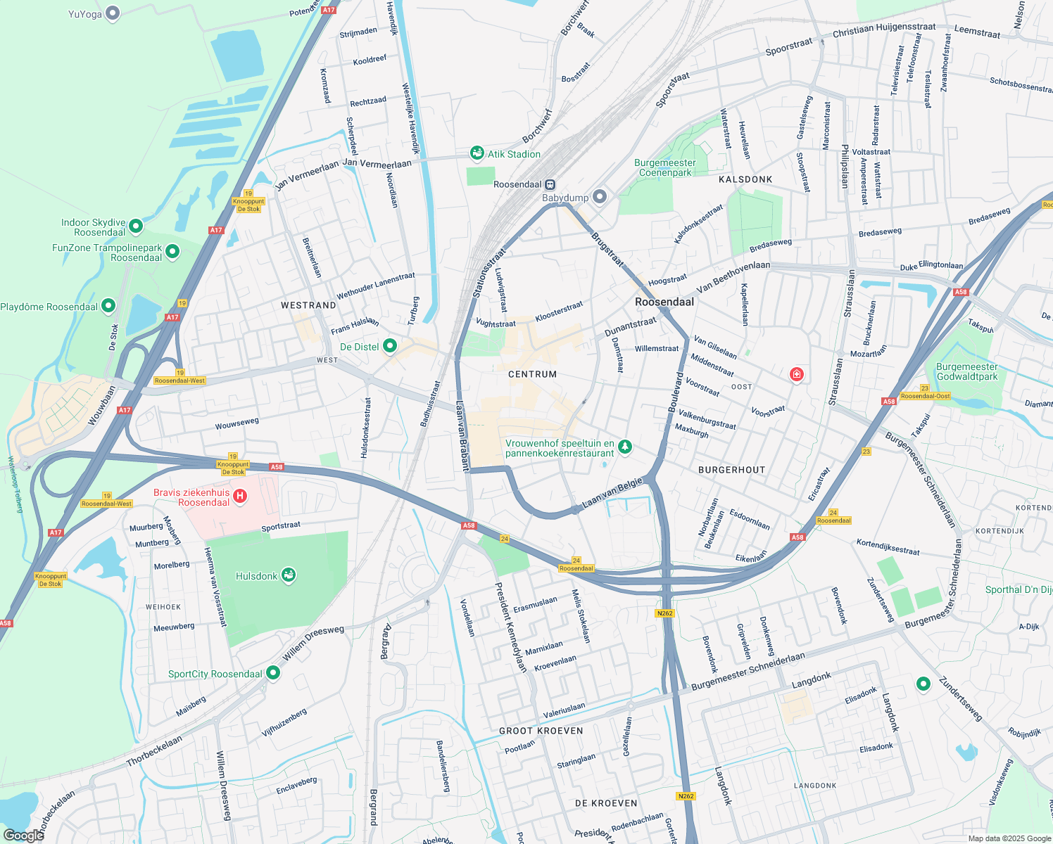 map of restaurants, bars, coffee shops, grocery stores, and more near 56 Nieuwe Markt in Roosendaal