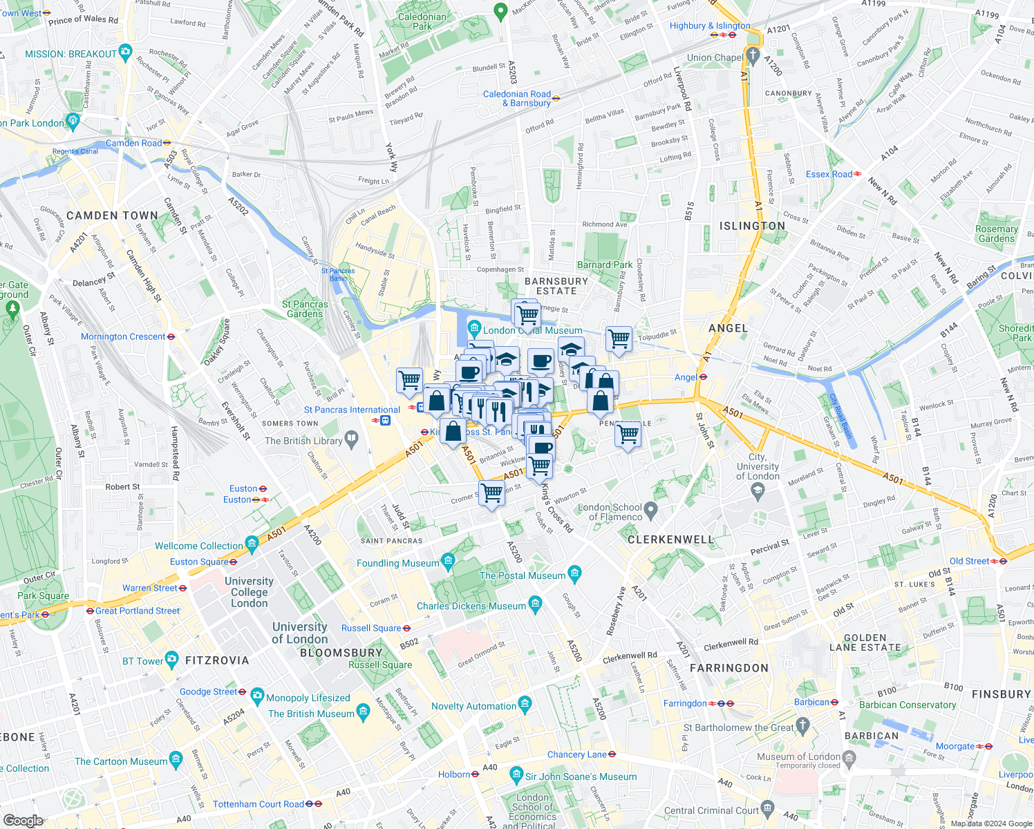 map of restaurants, bars, coffee shops, grocery stores, and more near 200 Pentonville Road in Greater London