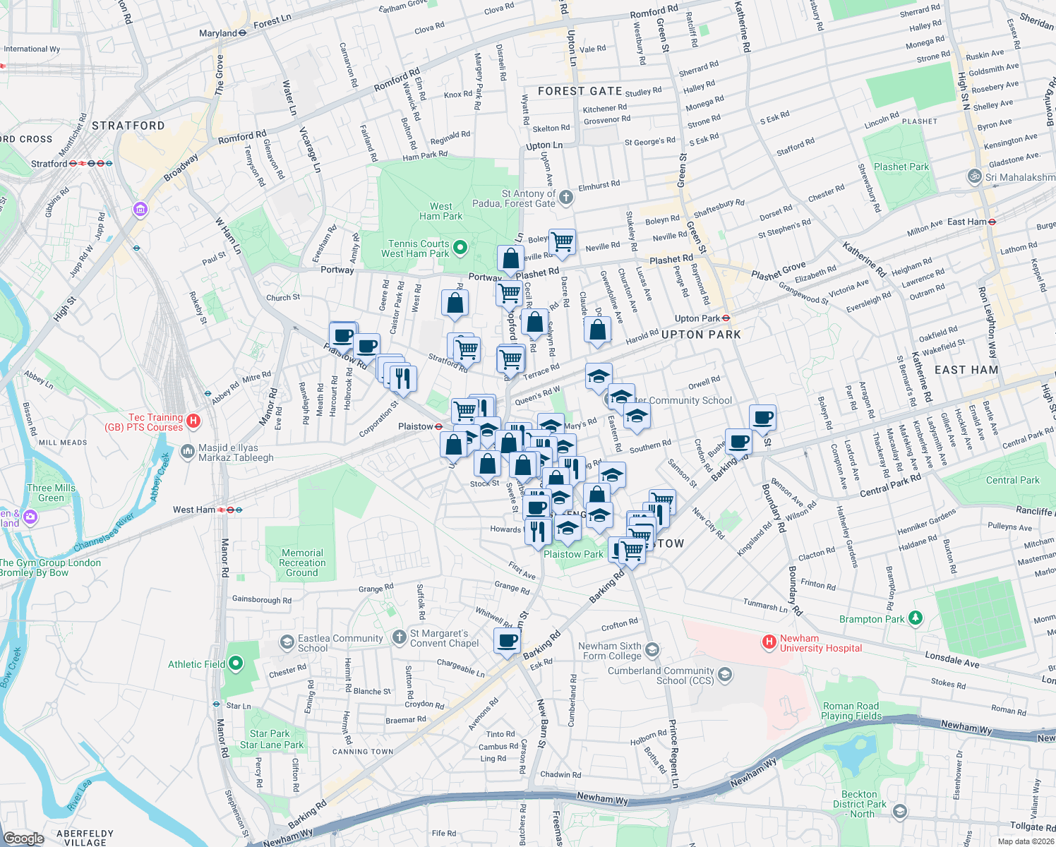 map of restaurants, bars, coffee shops, grocery stores, and more near in Greater London