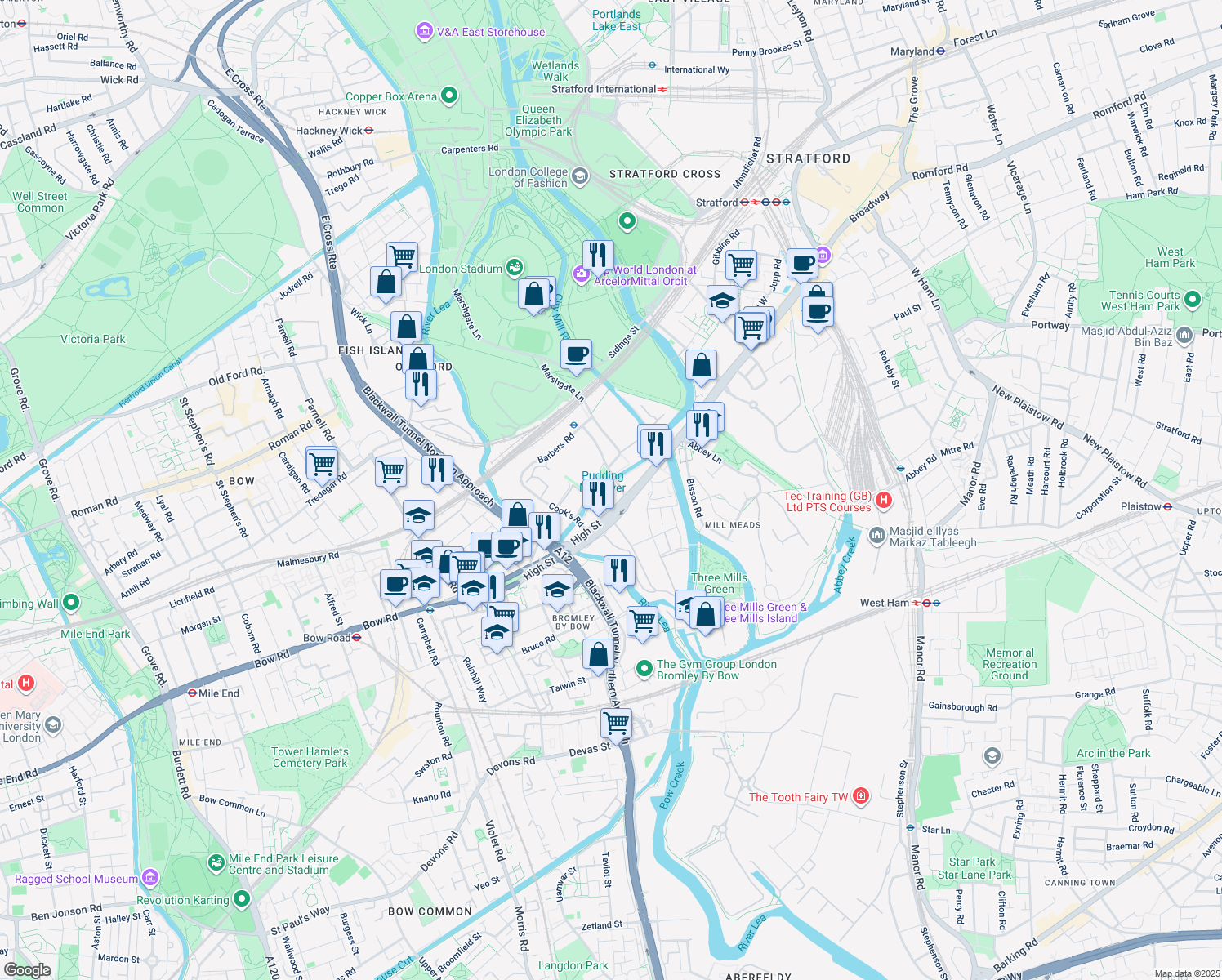 map of restaurants, bars, coffee shops, grocery stores, and more near 10 Marshgate Lane in Greater London