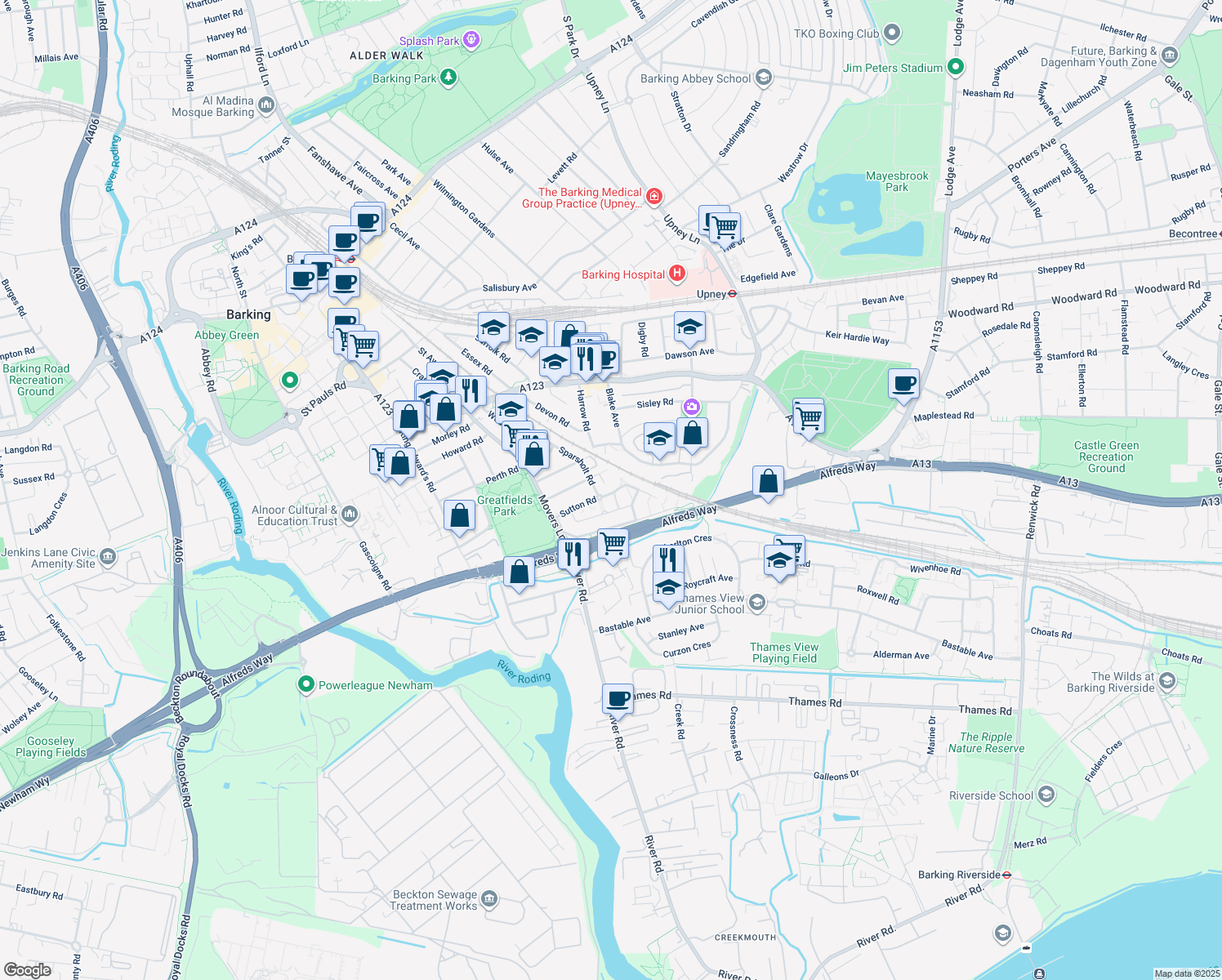 map of restaurants, bars, coffee shops, grocery stores, and more near 1 Tom Mann Close in Barking