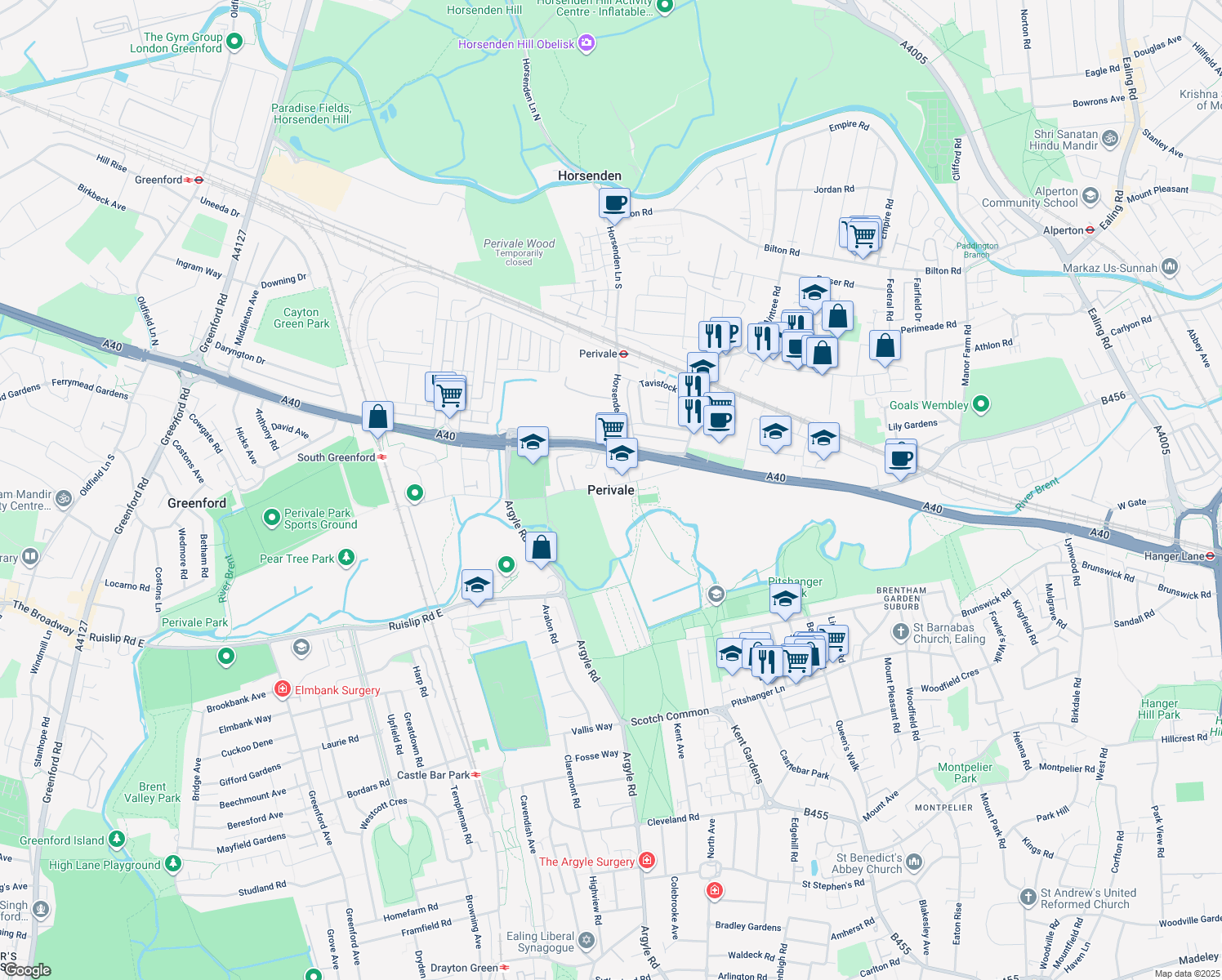 map of restaurants, bars, coffee shops, grocery stores, and more near in Perivale